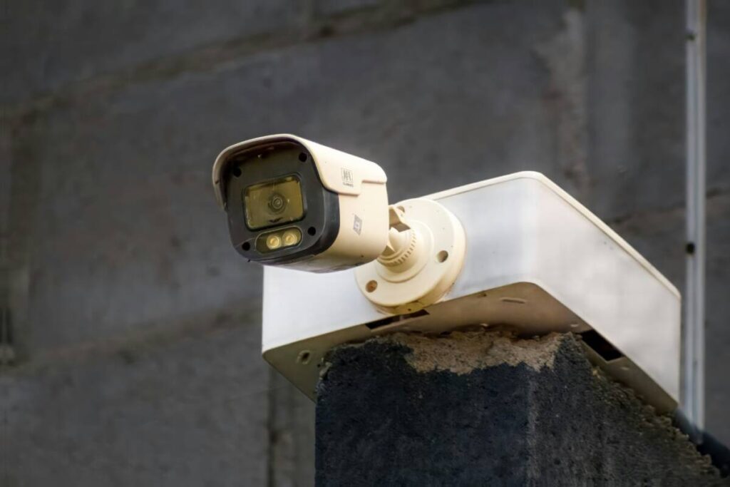 PoE security camera mounted on a building exterior